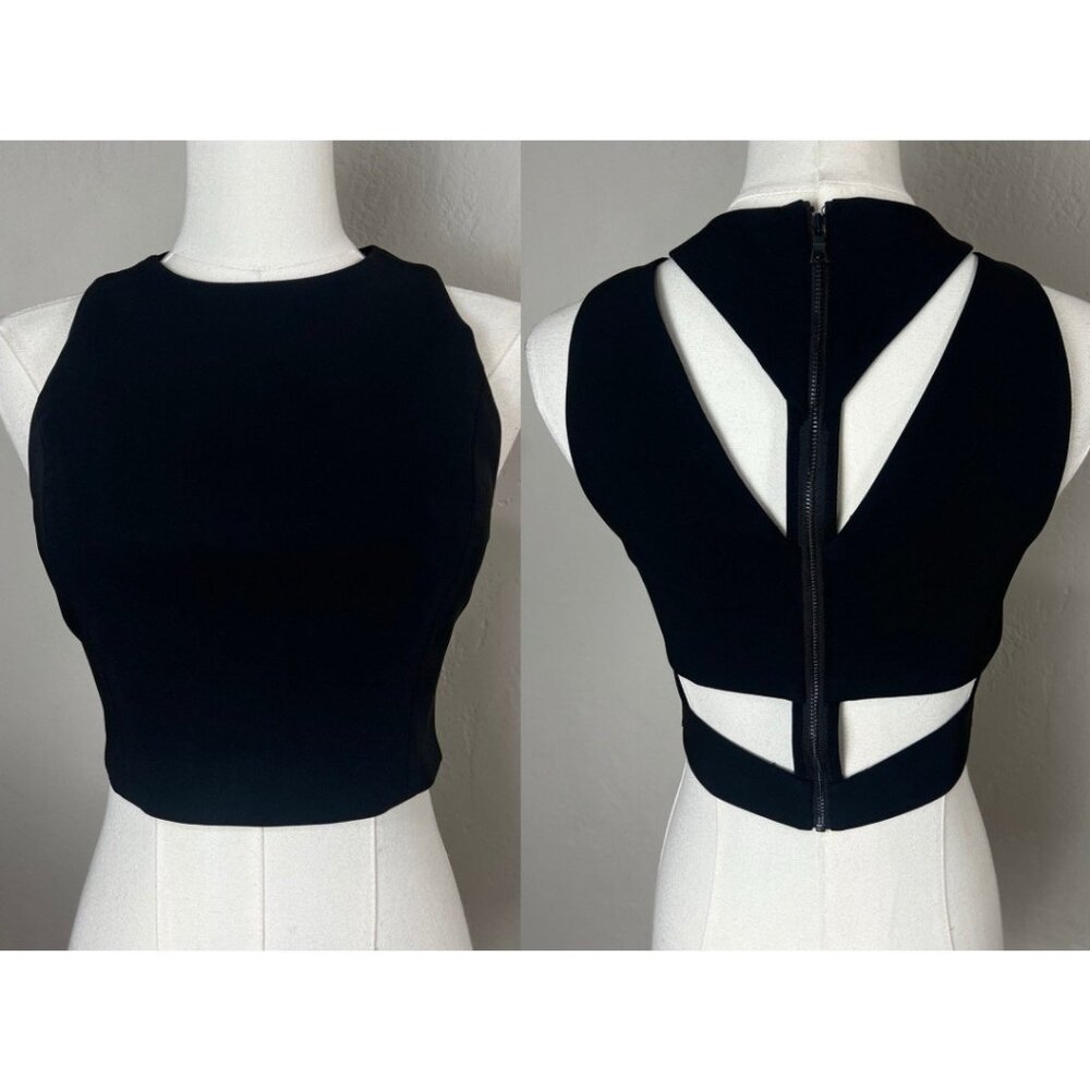 Alice+Olivia Crop Top Black Back Cutout Full Zip Round Neck Sleeveless Size 2
